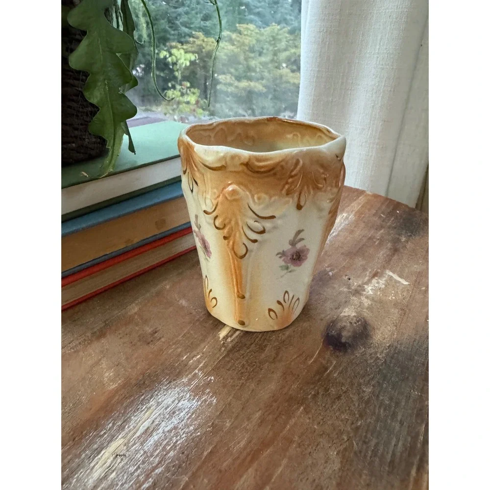 Vintage Floral Ceramic Vase Scalloped Gold Gilt Embossed Scrollwork Tan Cream